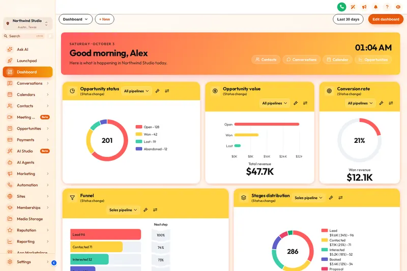 GoHighLevel dashboard in the Neo Brutal design with thick outlines, hard shadows and a yellow welcome banner