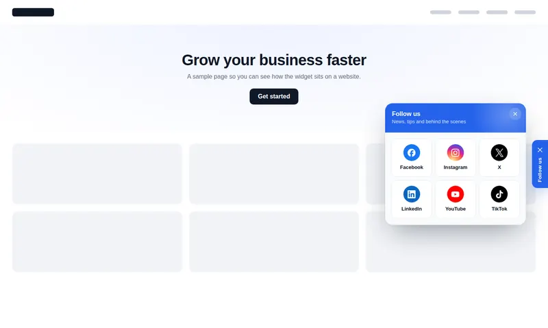 The Follow us edge tab floating widget opened on a sample website, showing Facebook, Instagram, X, LinkedIn, YouTube and TikTok buttons