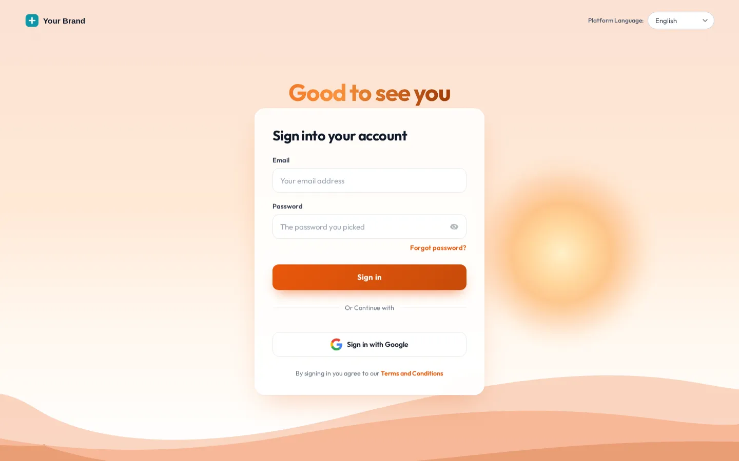 The Sunrise hills login design on a copy of the GoHighLevel sign-in page: a warm sky, rising sun and layered hills behind the sign-in card