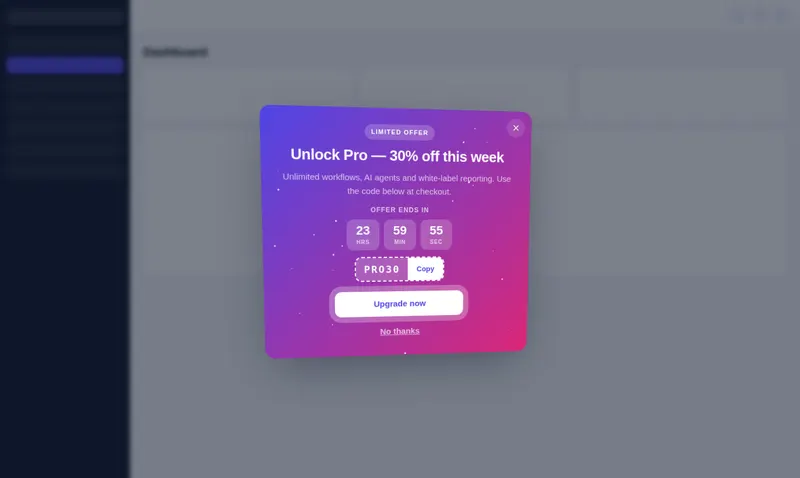 The Upgrade offer popup template inside a sample GoHighLevel account: a purple gradient modal with a countdown, a copyable code and an Upgrade now button